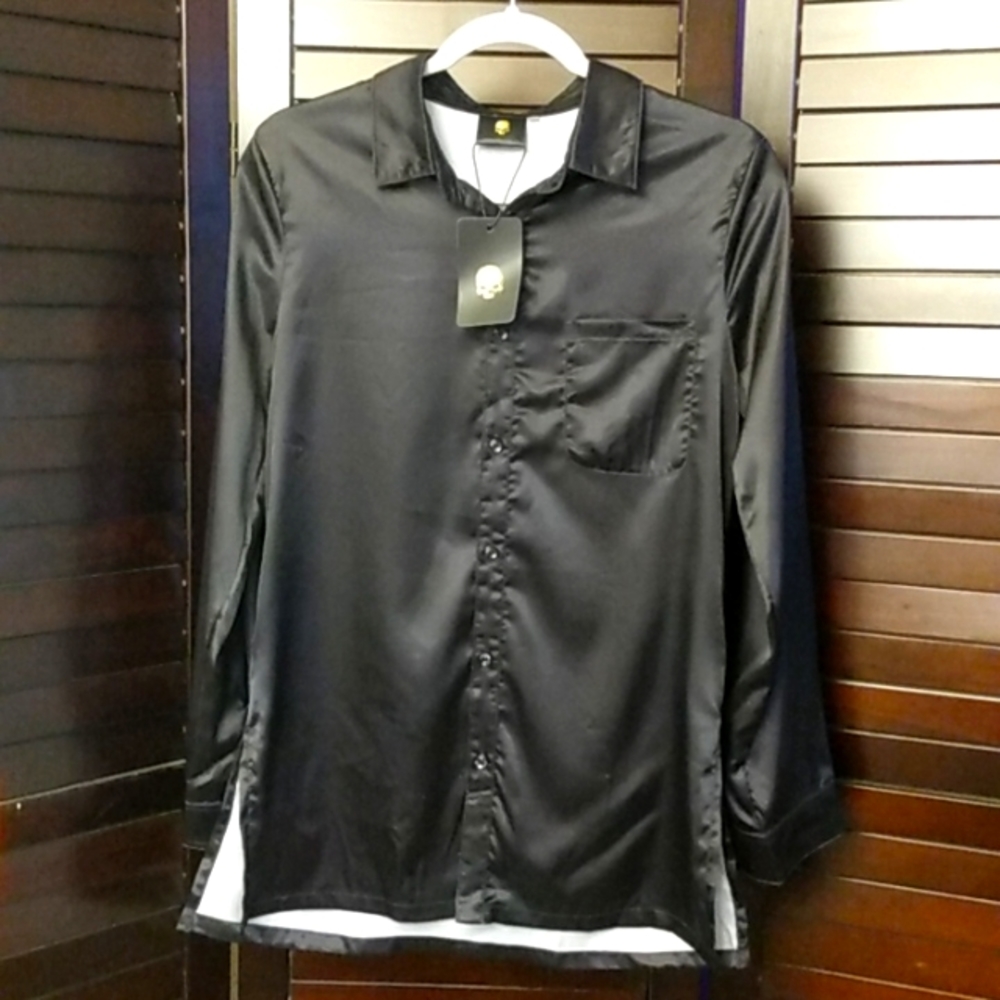 Black satin long sleeve button down women's dress shirt